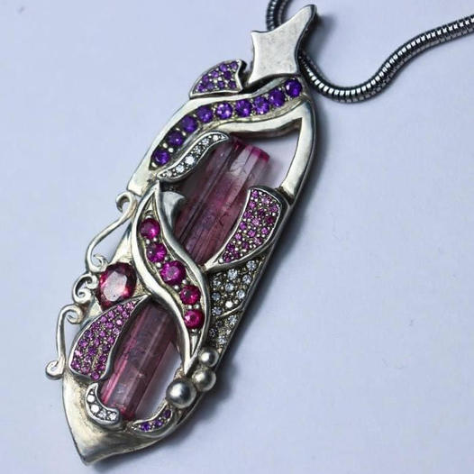 "Pathwalker" Custom Pendant, Rubellite Tourmaline, Diamond, Ruby, Garnet, & Amethyst