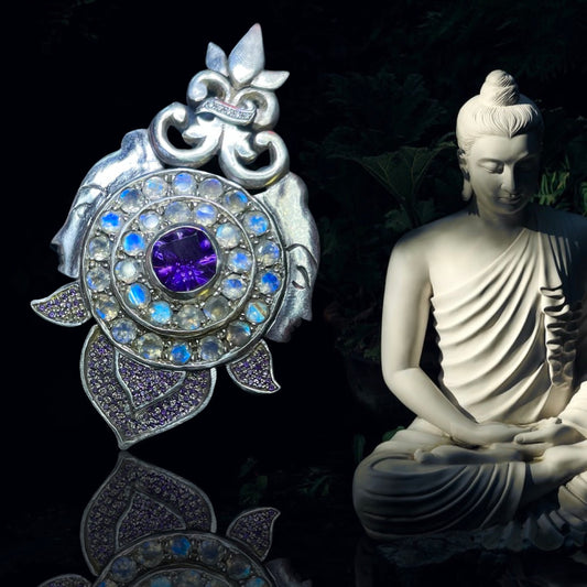 “Luminary” Custom Pendant | Amethyst, Moonstone, & Diamond in Silver